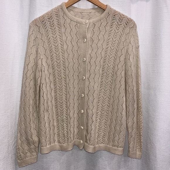 None Sweaters - VTG Beige Cable Knit Cardigan Pearl Buttons Womens Approx M Granny Cottage READ